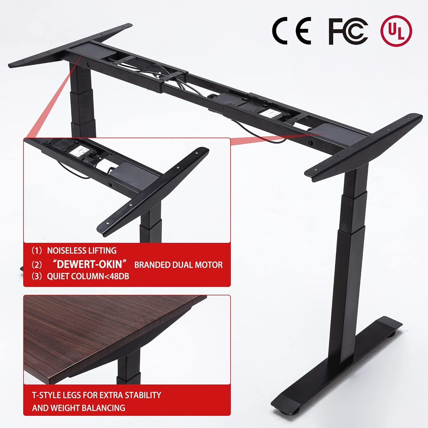 Electric Standing Desk Dual Motor Adjustable Height Desk Seamless Desktop 3-Stage Adjustable Steel Legs Ultra-Quiet Adjustment Stand up Desks for Home Office 48”X24” Black