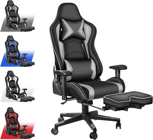 Gaming Chair with Footrest, Gaming Chairs, Comfortable Office Chairs Ergonomic Computer Gamer Chair with Headrest and Lumbar Support, High Back Gaming Chairs for Teens Adults, Grey