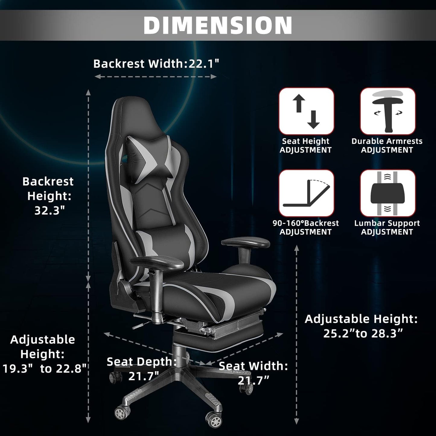 Gaming Chair with Footrest, Gaming Chairs, Comfortable Office Chairs Ergonomic Computer Gamer Chair with Headrest and Lumbar Support, High Back Gaming Chairs for Teens Adults, Grey