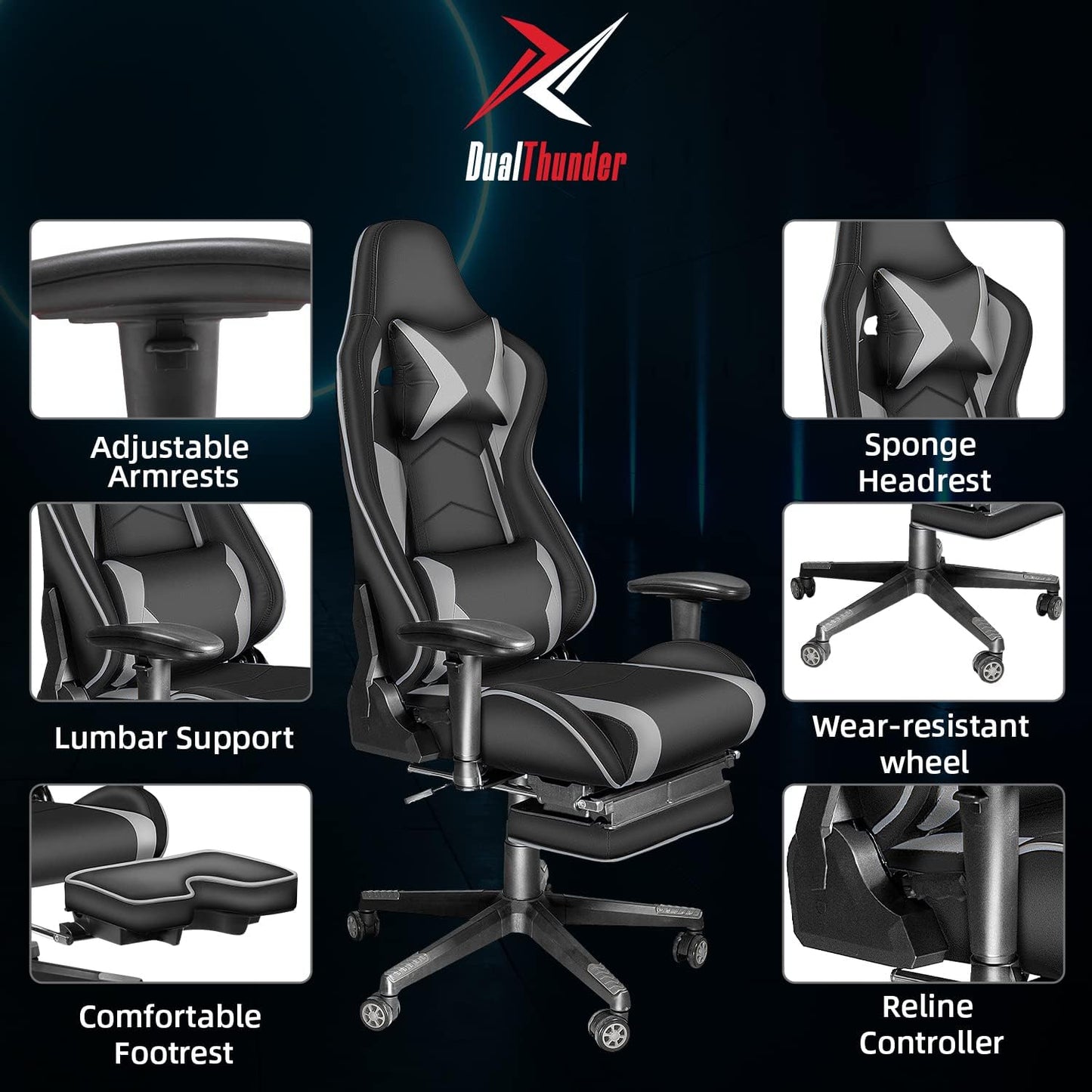 Gaming Chair with Footrest, Gaming Chairs, Comfortable Office Chairs Ergonomic Computer Gamer Chair with Headrest and Lumbar Support, High Back Gaming Chairs for Teens Adults, Grey