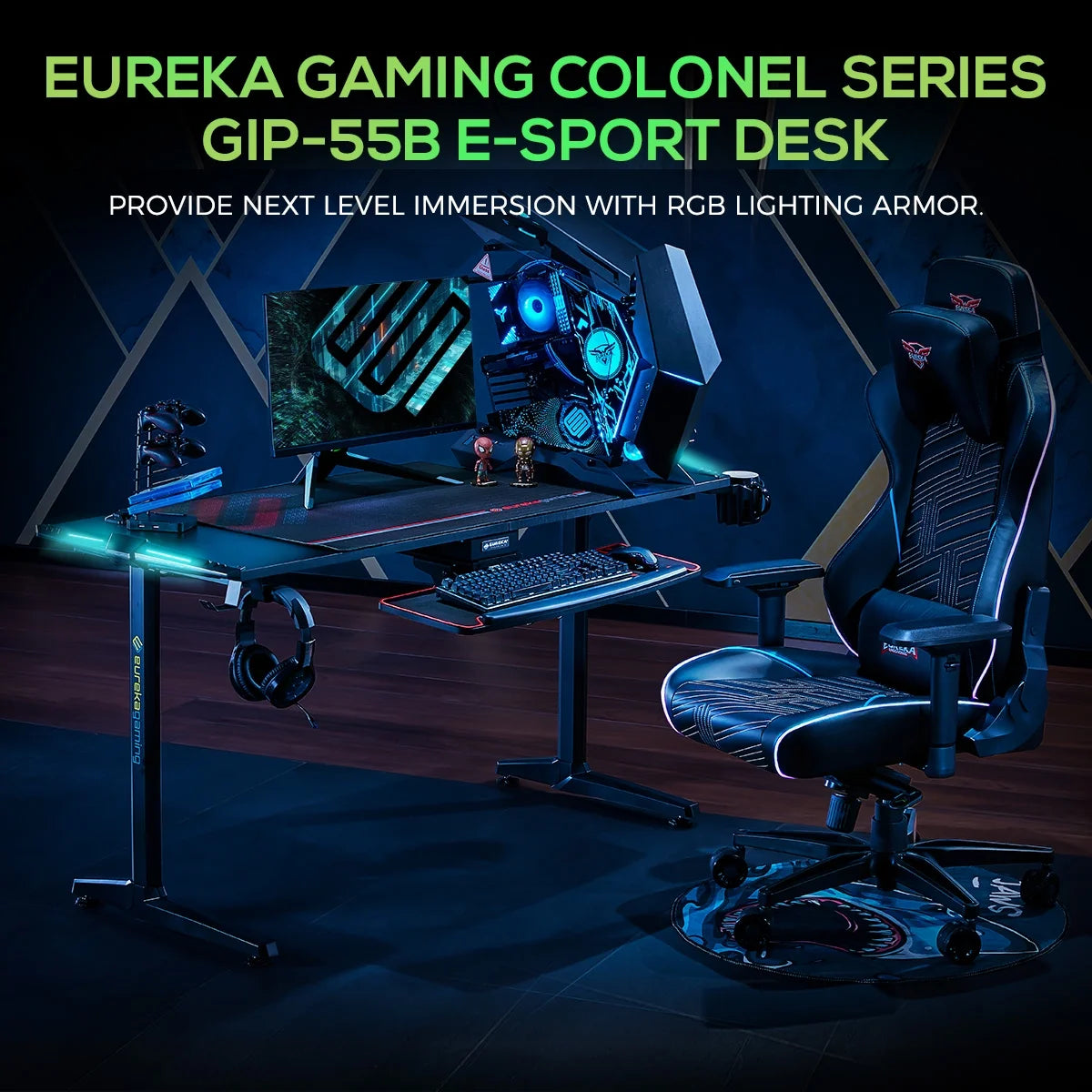 55 Inch Black Gaming Computer Desk with RGB Lights