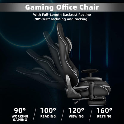 Gaming Chair with Footrest, Gaming Chairs, Comfortable Office Chairs Ergonomic Computer Gamer Chair with Headrest and Lumbar Support, High Back Gaming Chairs for Teens Adults, Grey