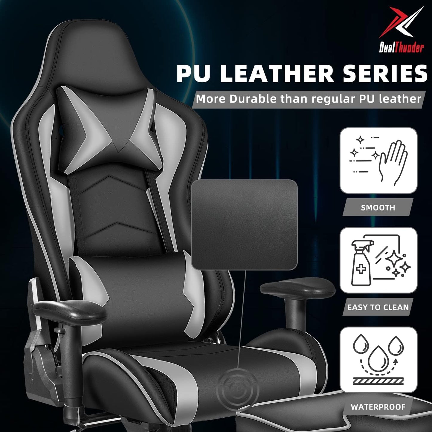 Gaming Chair with Footrest, Gaming Chairs, Comfortable Office Chairs Ergonomic Computer Gamer Chair with Headrest and Lumbar Support, High Back Gaming Chairs for Teens Adults, Grey