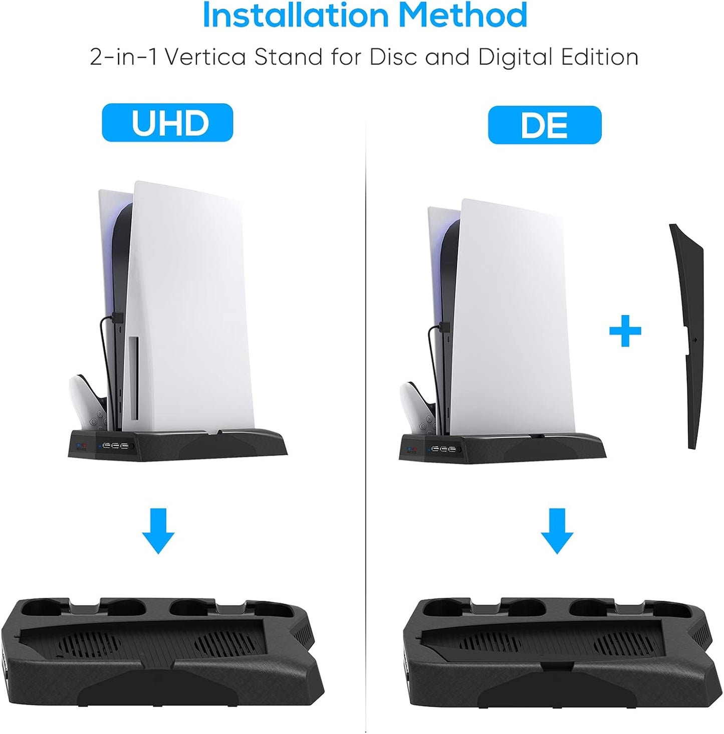 Vertical Cooling Stand Compatible with PS5 Console, Charging Station Dock with Controller Charger Ports and Retractable Game Storage - Black