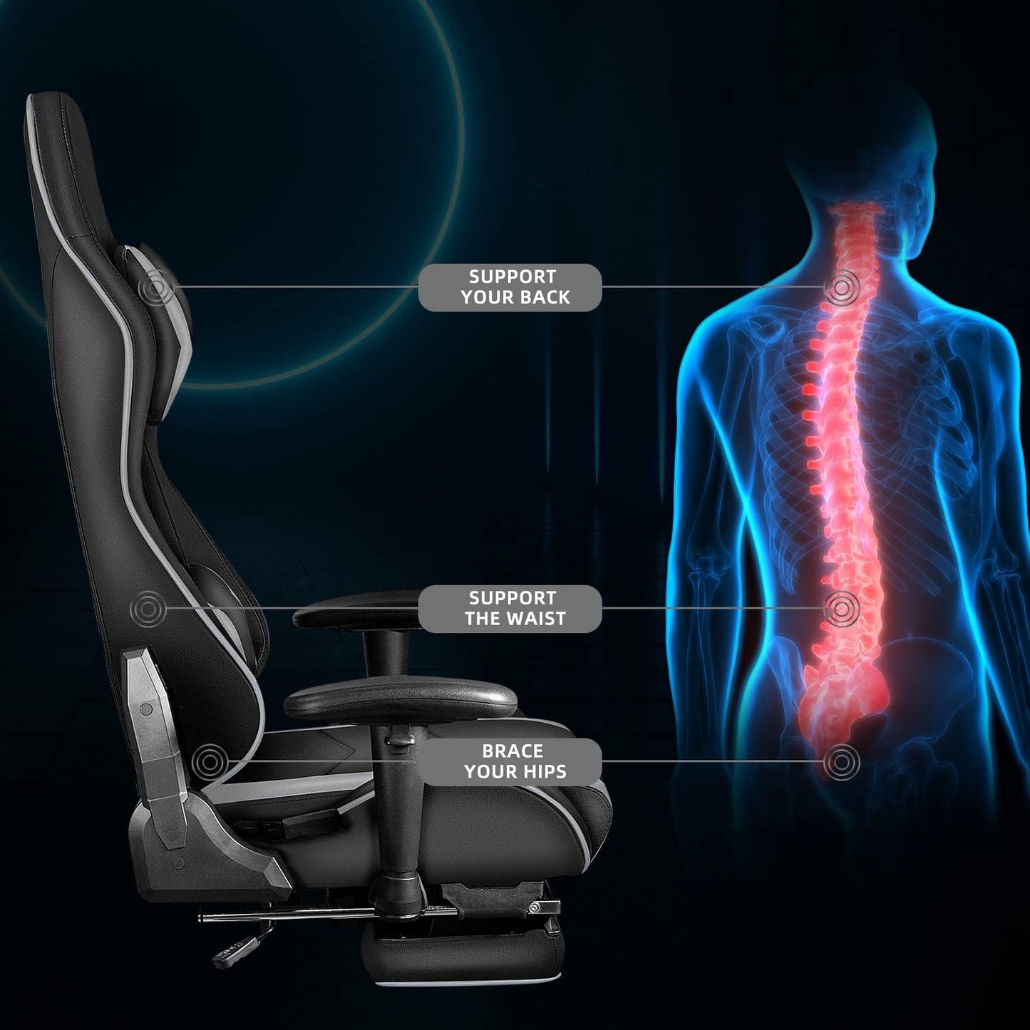 Gaming Chair with Footrest, Gaming Chairs, Comfortable Office Chairs Ergonomic Computer Gamer Chair with Headrest and Lumbar Support, High Back Gaming Chairs for Teens Adults, Grey