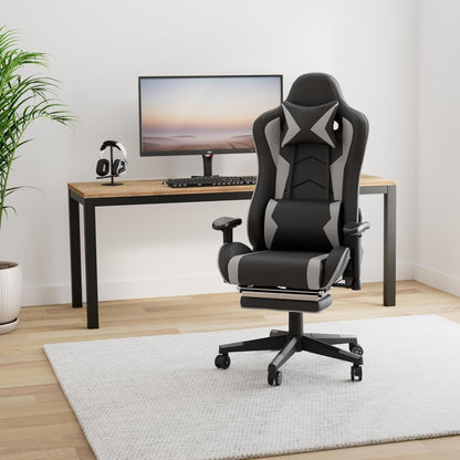 Gaming Chair with Footrest, Gaming Chairs, Comfortable Office Chairs Ergonomic Computer Gamer Chair with Headrest and Lumbar Support, High Back Gaming Chairs for Teens Adults, Grey